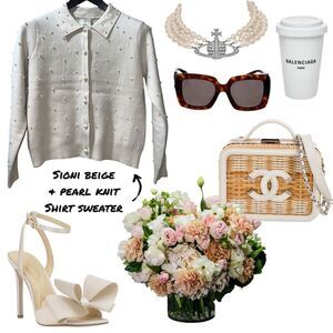 Sioni Cream Pearl Knit Pearl Collared Shirt Cardigan